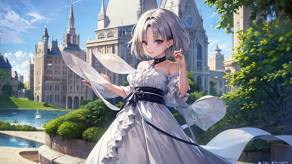 ultra HD,Look at the viewers, Put your hands behind your back, With a girl, 20-year-old, Very Short Hair, Long bangs between the eyes, pale blue eyes,  Very detailed,(masterpiece、Highest quality),Gray Hair、Laughter、Fantastic, Silver Hair, Iris,  Short hair、 Fluttering Hair、Small Face、Bright smile、(Detailed face) ,Professional Lighting,Wonderful landscape,blue sky, sunlight,Looking down from above,Portraiture、Open your mouth、Flower Field、Her eyes were shining、Mysterious and enchanting atmosphere。With AI Painting、Very short hair, Long bangs between the eyes, Very detailed,(masterpiece、Highest quality)、alone、Gray Hair、Fantasy, Silver Hair, Fantasy landscape、smile、Open your mouth、short hair、Short Hair、hairpin、black eye、Grey Eyes、Beautiful Eyes、White shirt、Jacket、I can see the neck、The clavicle is visible