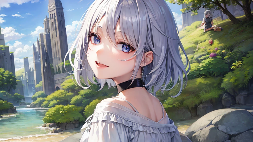 ultra HD,Look at the viewers, Put your hands behind your back, With a girl, 20-year-old, Very Short Hair, Long bangs between the eyes, pale blue eyes, Very detailed,(masterpiece、Highest quality),Gray Hair、Laughter、Fantastic, Silver Hair, Iris, Short hair、 Fluttering Hair、Small Face、Bright smile、(Detailed face) ,Professional Lighting,Wonderful landscape,blue sky, sunlight,Looking down from above,Portraiture、Open your mouth、Flower Field、Her eyes were shining、Mysterious and enchanting atmosphere。With AI Painting、Very short hair, Long bangs between the eyes, Very detailed,(masterpiece、Highest quality)、alone、Gray Hair、Fantasy, Silver Hair, Fantasy landscape、smile、Open your mouth、short hair、Short Hair、hairpin、black eye、Grey Eyes、Beautiful Eyes、White shirt、Jacket、I can see the neck、The clavicle is visible