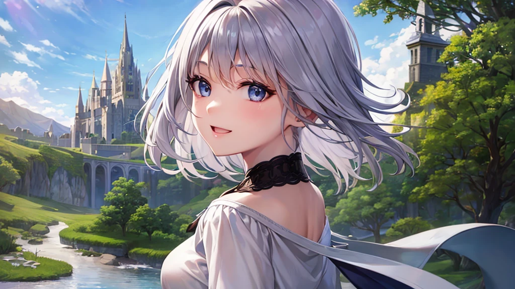 ultra HD,Look at the viewers, Put your hands behind your back, With a girl, 20-year-old, Very Short Hair, Long bangs between the eyes, pale blue eyes,  Very detailed,(masterpiece、Highest quality),Gray Hair、Laughter、Fantastic, Silver Hair, Iris,  Short hair、 Fluttering Hair、Small Face、Bright smile、(Detailed face) ,Professional Lighting,Wonderful landscape,blue sky, sunlight,Looking down from above,Portraiture、Open your mouth、Flower Field、Her eyes were shining、Mysterious and enchanting atmosphere。With AI Painting、Very short hair, Long bangs between the eyes, Very detailed,(masterpiece、Highest quality)、alone、Gray Hair、Fantasy, Silver Hair, Fantasy landscape、smile、Open your mouth、short hair、Short Hair、hairpin、black eye、Grey Eyes、Beautiful Eyes、White shirt、Jacket、I can see the neck、The clavicle is visible