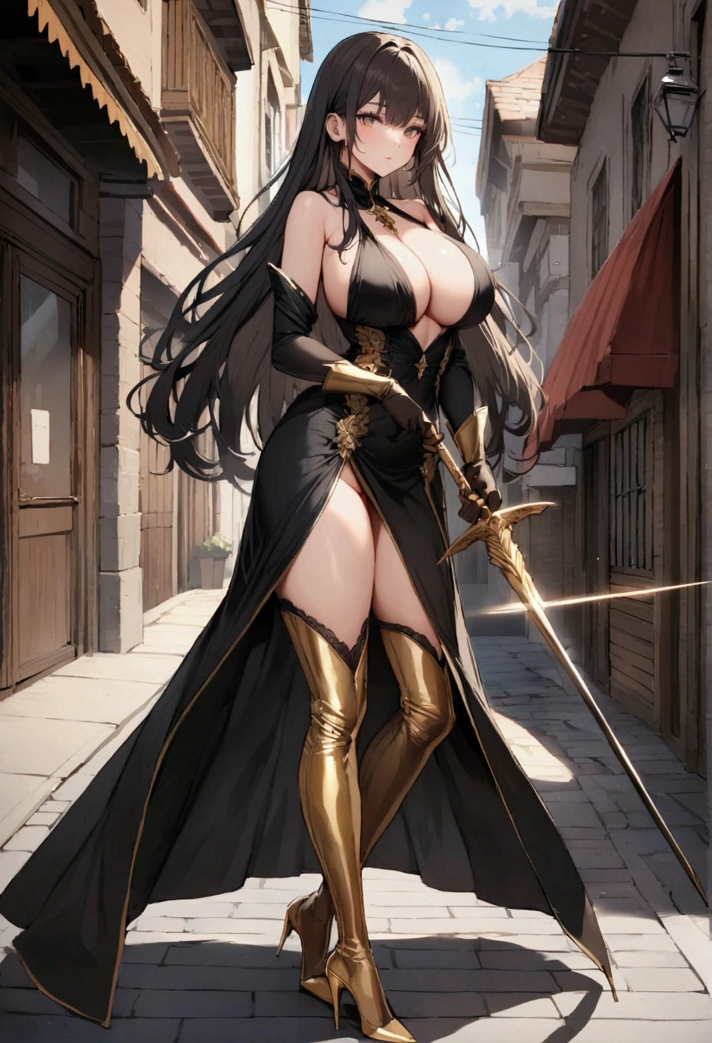 perfect and beautiful face, beautiful girl in  black and golden pointed toe stiletto knee high boots, standing on street with sword in her hands ,, leatgher gloves on, big breasts and buts