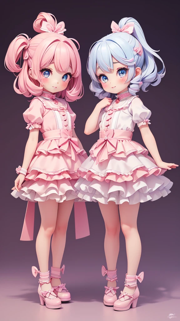 ((petite kawaii bishojo, 2girls)), ((kawaii  face)), ((kawaii cute eyes)), ((masterpiece)), ((best quality)), ((ultra detailed)), ((8k)), (depth), (crisp), (exquisite), ((highres)), ((high standard)), ((beautiful and aesthetic)), (super detailed skin), (perfect anatomy), (full body), (blush), (lipstick), (impish girl)