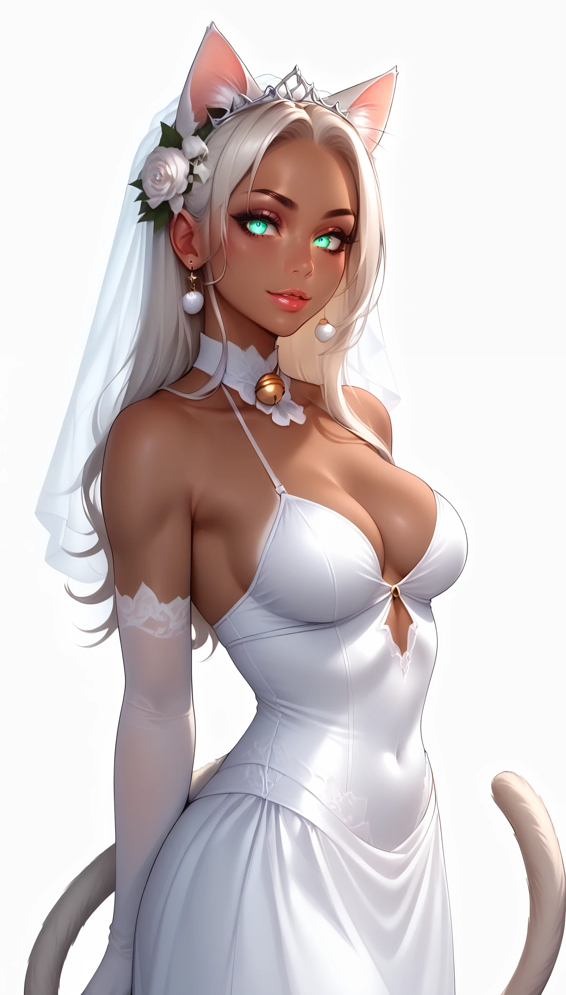 score_9, score_8_up, score_7_up, 1girl, solo, 
long hair, glowing green eyes, curved ram horns, ((cat ears, cat tail:1.25)), tanned skin, demoness, (cat:1.2),
monochromatic, eerie atmosphere, 
(wedding dress), seductive, stark white background