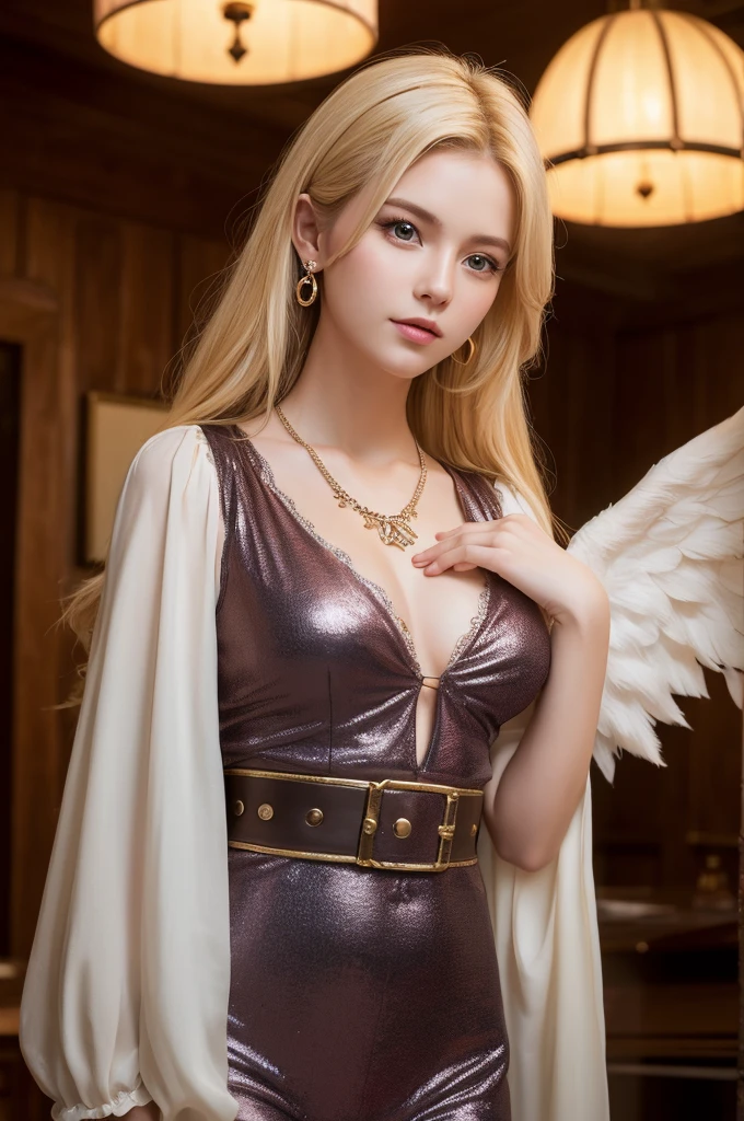 (Highest quality:1.4),(masterpiece:1.4),(Realistic:1.4),(Realistic:1.2),(超High resolution, RAW Photos:1.4),(High resolution, Super detailed:1.2),(8K:1.2),View your audience,Cinematography,One Girl,Skeletally correct blonde woman，(Small earrings，necklace，Angel Cosplay，View from the front),（Inside the Western-style building，Dimly lit room，The lamplight shines on my cheeks）