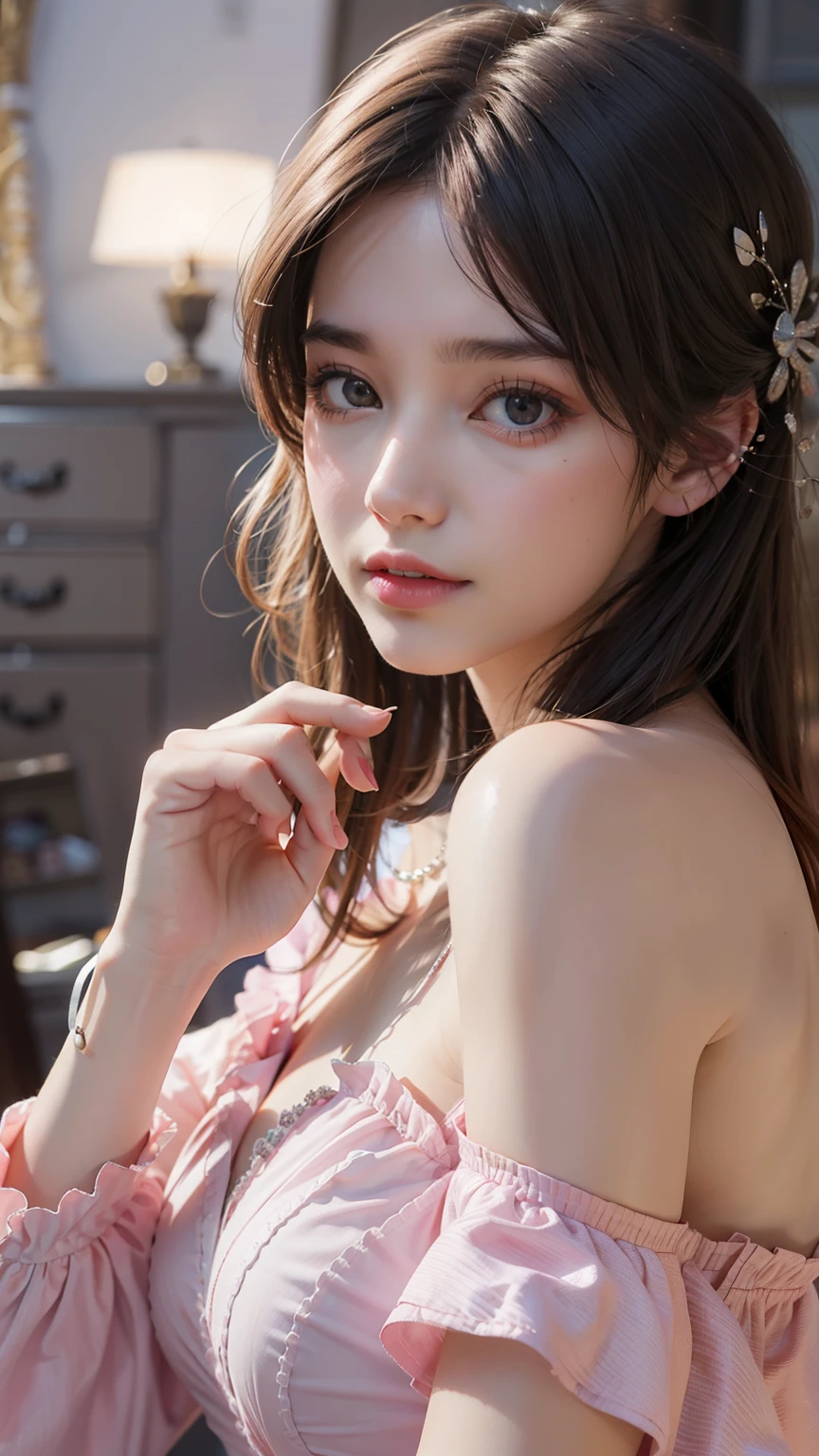 best quality, masterpiece, ultra high resolution, (Reality: 1.4), original photo, 1 woman, Pink off-the-shoulder, cinematic lighting