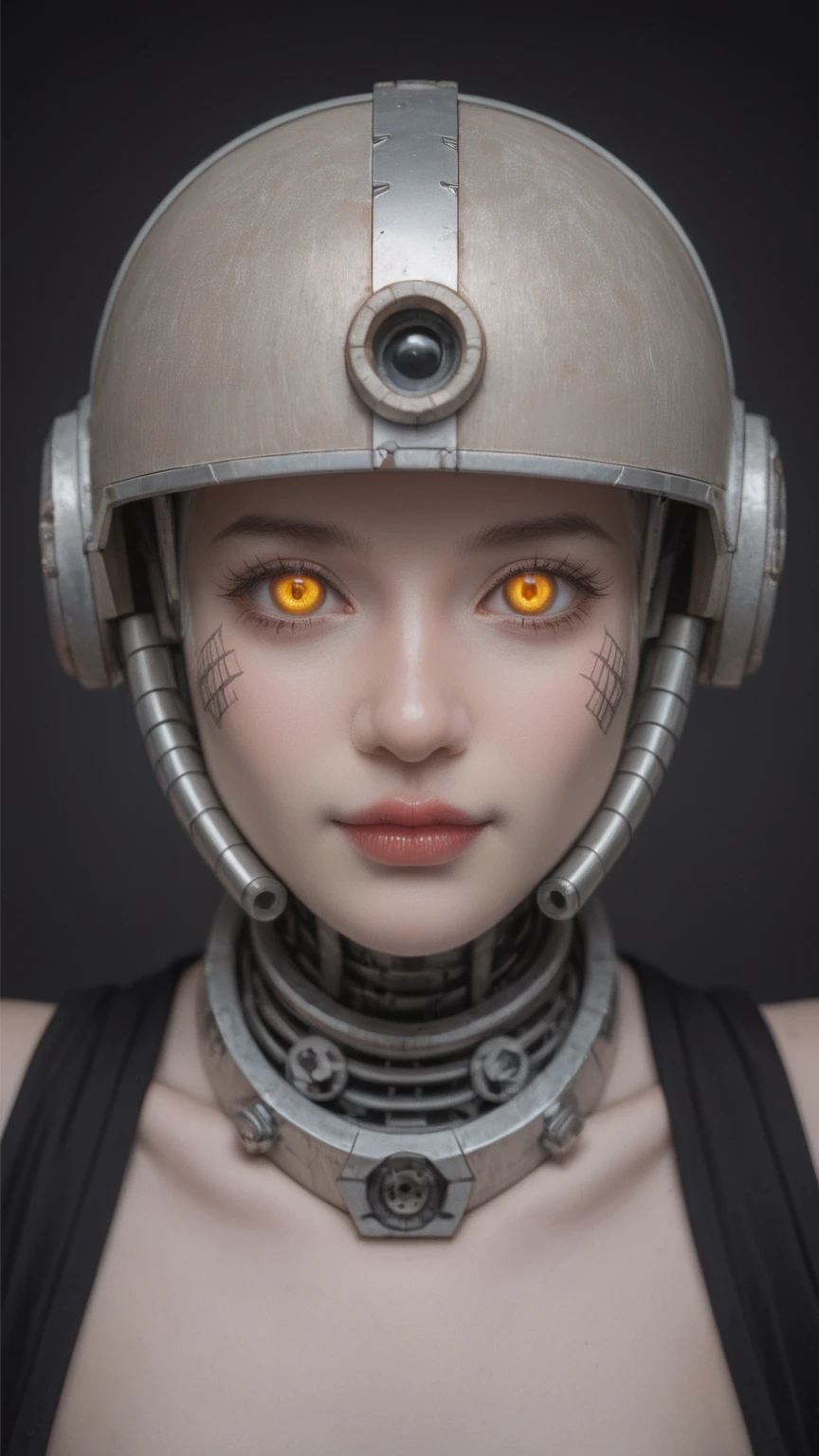realistic,score_9, score_8_up, score_7_up,
1girl,solo, robotic figure, prominent helmet, weathered, rusted, large circular eyes, glowing, enigmatic, haunting, patchwork body, mechanical parts, gears, tubes, aged metals, corroded materials,