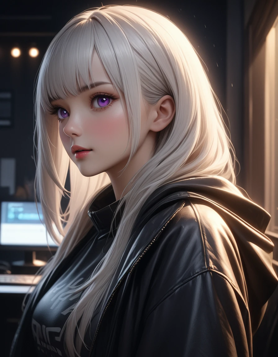 best quality, masterpiece, high resolution, One girl, white hair, Purple eyes, fashionable clothes, Beautiful face, more than_Body, Tyndall Effect, lifelike, Dark Studio, Lighting side, Bi-color lighting, (HD Da:1.2), 8k , Soft lighting, high quality, Volumetric lighting, candid, high resolution, 8k, bokeh, depth of field, female hacker, computer, it's raining outside the window
