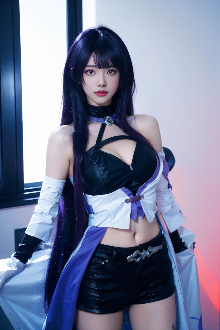 ulzzang-6500-v1.1,(raw photo:1.2),((photorealistic:1.30)), ((best quality)) ,((masterpiece)),((Ultra High Resolution)), ((Clear View)),,Ultra-high resolution,Clear face,(Reality:1.4) , illustration, an extremely delicate and beautiful, extremely detailed ,CG ,unity ,8k wallpaper, Amazing, finely detail, masterpiece,best quality,official art,extremely detailed CG unity 8k wallpaper,absurdres, incredibly absurdres, huge filesize, ultra-detailed, highres, extremely detailed,beautiful detailed girl, extremely detailed eyes and face, beautiful detailed eyes,light on face,cinematic lighting, ferpect lighting, 1girl, 独奏 , (purple hair:1.5), bangs, purple eyes, (upper body),see-through,(looking at viewer:1.5), indoor, Acheron cosplay costume, Acheron, cosplay, blue hair, very long hair, hair over one eye, shirt, asymmetrical clothes, singel sleeves, shorts, crop top, belt, tattoo, gloves, singel elbow glove, large breasts, breasts, cleavage, boots, knee boots, high heel boots, standing,