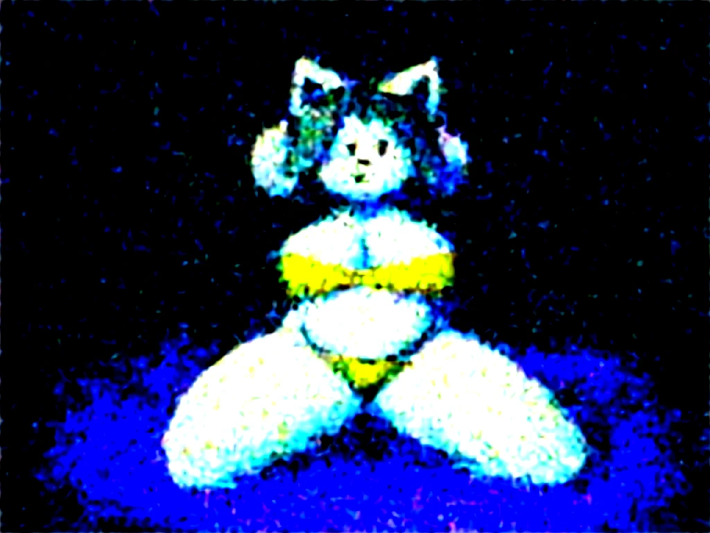[temmie], [undertale], [Uploaded to e621.net; (Pixelsketcher), (wamudraws)], ((masterpiece)), ((HD)), ((solo portrait)), ((feet visible)), ((furry; anthro)), ((detailed fur)), ((detailed shading)), ((beautiful render art)), {anthro; (white body fur), black nose, cute grey eyes, short grey hair, (curvy hips, big breasts, big ass, inflated belly), (beautiful legs), (beautiful paws), (excited smile)}, {(blue-yellow striped bikini}, {(on bed), (kneeling), (looking at viewer)}, [background; (bedroom), (ambient lighting)]