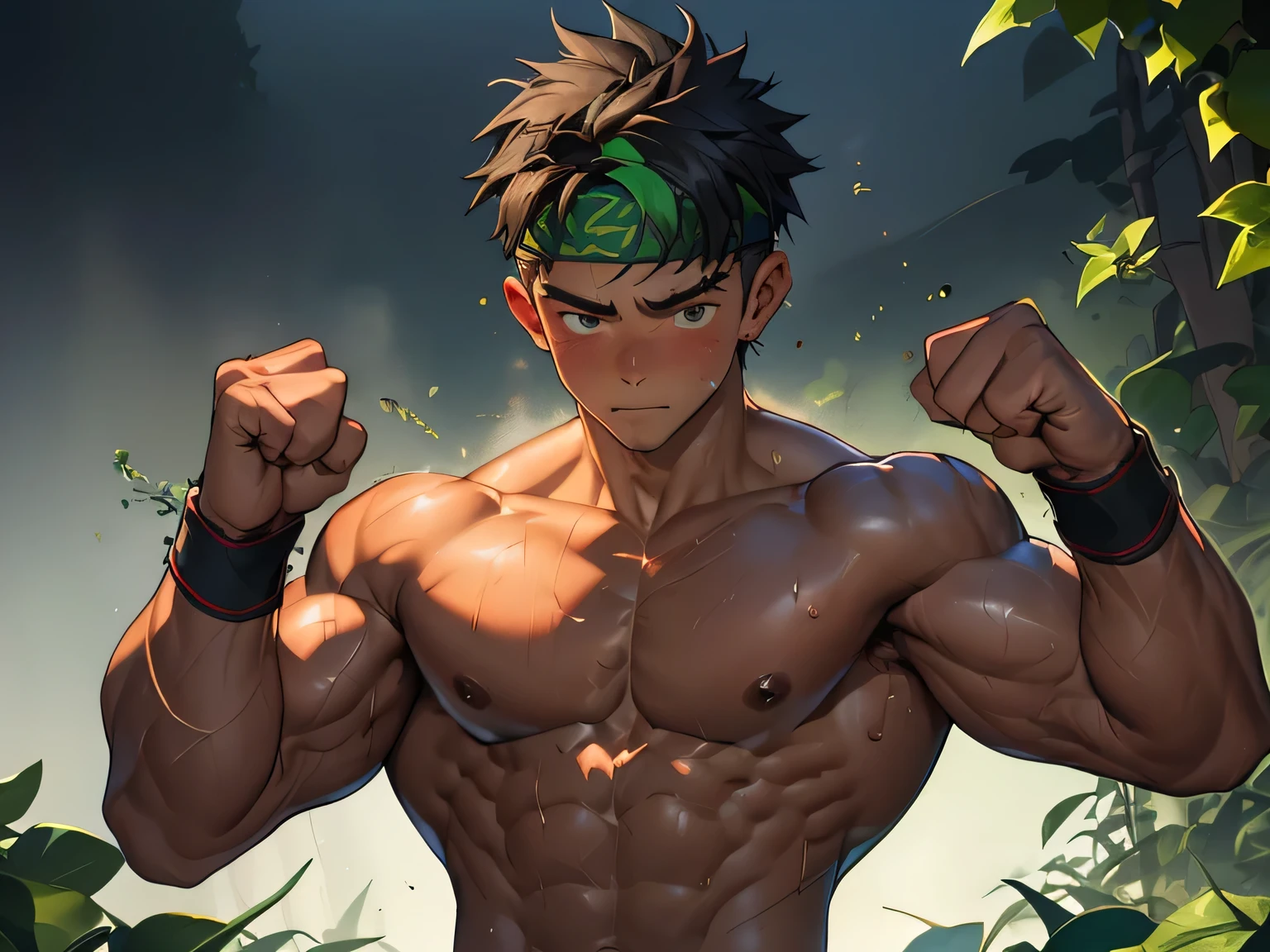 (Masterpiece, Best quality 19 year old boy, black background), solo, Young, boy, muscler, Shirtless, topless, ((((get knocked out, sweat, swoon, steam, defeat, damage, surrounded by swirling green aura)))), (Dark Short straight hair, ((almost completely shaved hair)), under cut, brown eyes), (red headband, ((black wristband))), Vivid colors, ((hot Abs:1.2, abs!, big abs, big breast:1.2, chest!, muscler upper arms, clenched fist)), (topless male), muscler!, muscler body, Man with martial arts stance, detailed face, detailed muscle, (((random fighting pose, powerful, action, rippling muscles, green aura around body, concentrate, deep night, coiled by ivy)))