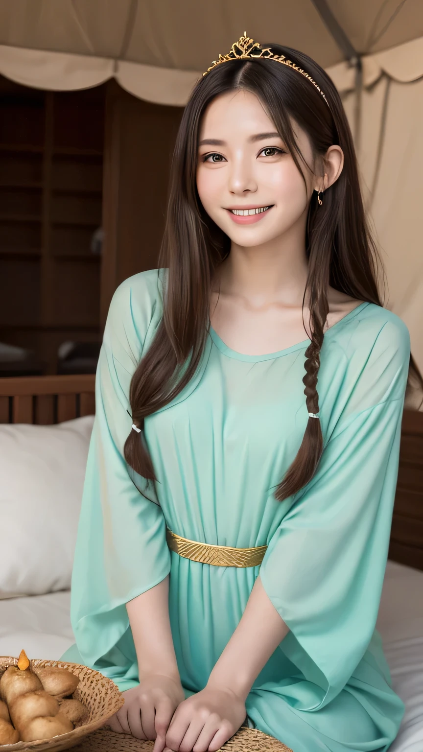 Best picture quality (8K, high resolution, Masterpiece: 1.2), super detailed, 215 Short Hair,Three braids long hair, 16-year-old woman,
situation: Desert at dusk、Princess relaxing in a luxurious oasis tent。
detailed:
angle: A shot of the oasis and the luxurious interior decor。The princess reclining on a silk cushion。
clothing: A gorgeous emerald green kaftan、Gold Accessories、Veil and tiara on head。
atmosphere: The sunset paints the desert、The greenery of the oasis stands out beautifully.。The soft light of the lantern illuminates the inside of the tent.、リラックスしたatmosphere。
action: Leaning on the cushion、Enjoying mint tea、Gazing at the distant sunset and smiling。A trusted maid is by her side.。
Active Pause ,
Beside her、The thunder danced。
break Focus on upper 腰
, random cute pose ,big eyes ,Puffy eyes , Heart Pupil, blush , huge shy smile , salute