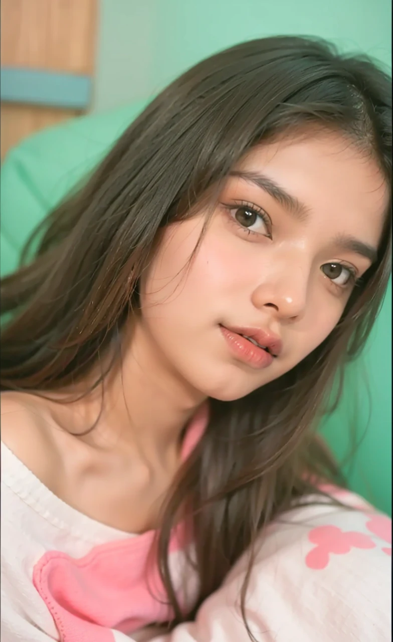 1 indian girl,sitting on a cozy couch,crossing legs,soft light, wearing shorts, bare shoulder