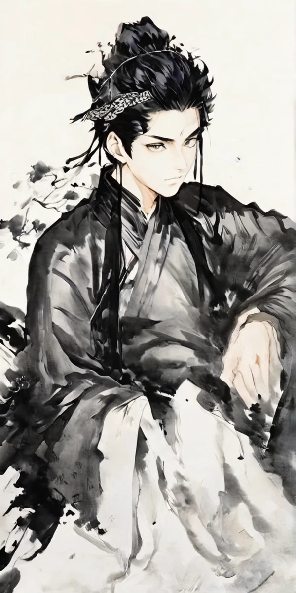 top light, close-up, ink portrait, Bokuto Kotaro from haikyuu,Bokuto Kotaro from haikyuu Strong and masculine body with gorgeous clothing china ,Line Art,Chinese ink ,Chinese ink