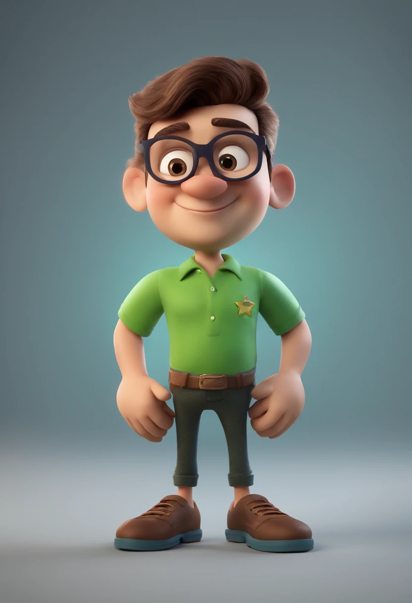 Cartoon character of a star with glasses and a green shirt, animation character, Caractere estilizado, animation style rendering, 3D estilizado, Arnold Maya render, 3 d render stylized, toon render keyshot, Personagem 3D, Personagem 3D, 3d rendering stylized, 3 d character render, personagem de desenho animado, Personagem de close up, Pose de personagem, (Estilo Pixar) (master part:1.2) (Bokeh) (best quality) (pele detalhada) (textura detalhada) (8k) (argila) (Cinematic lighting) (sharp focus