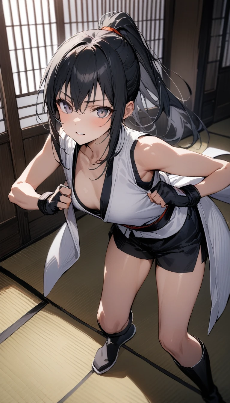 ((Highest quality)), ((masterpiece)), (detailed),full body ,slender. ((Rin々A cool female karateka)) small breasts Black Hair Long-haired ponytail ((A short, sleeveless white karate uniform)) Black shorts Knee-high boots Black martial arts belt kimono Leaning forward Open chest black fingerless gloves inside dojo