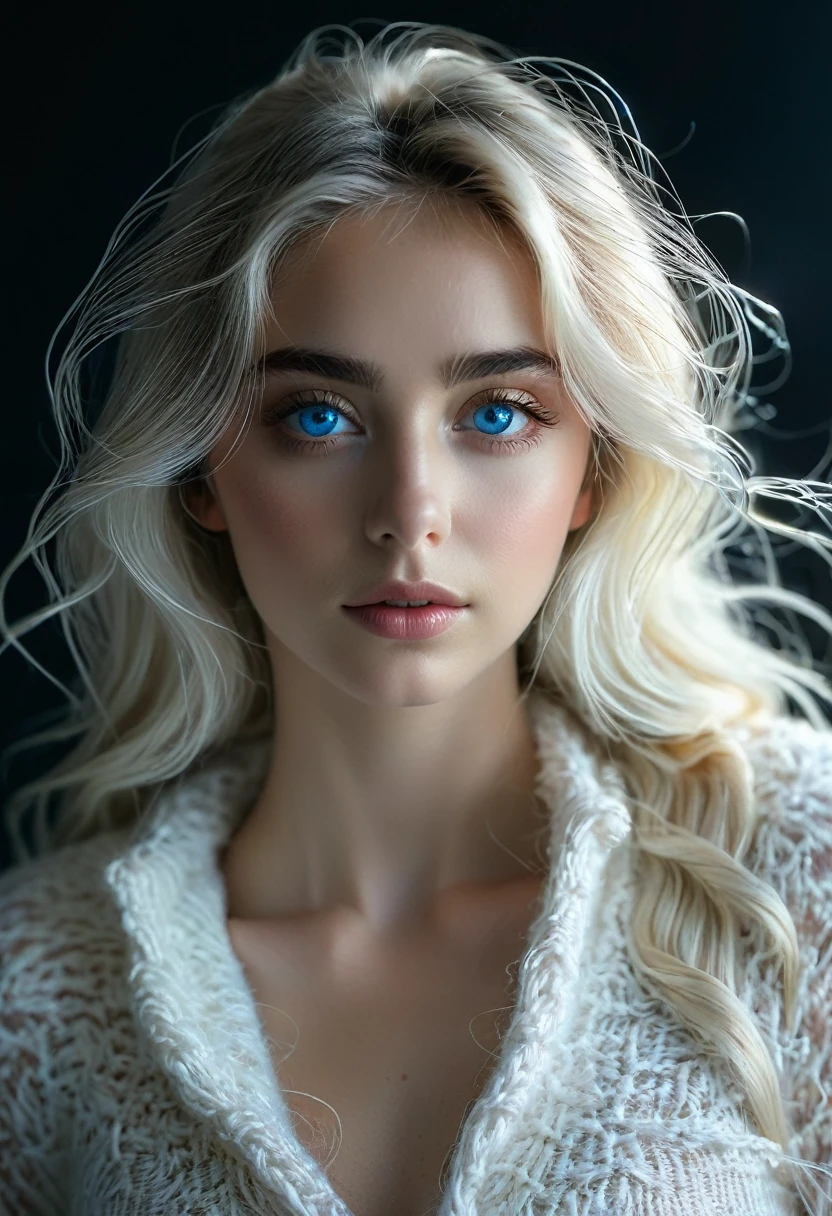 Long white yarn,Beautiful Spanish girl,blue eyes,Clear eyelashes dark background,Backlight,Michal Katz Style,Soft colors,whole body,4K,photography,Ultra-fine details