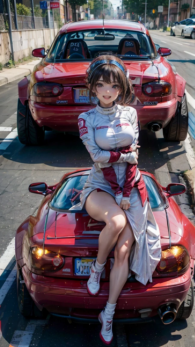 One Woman　Race Queen　Posing for the camera in front of a sports car　High leg　Low - Angle　Cute smile