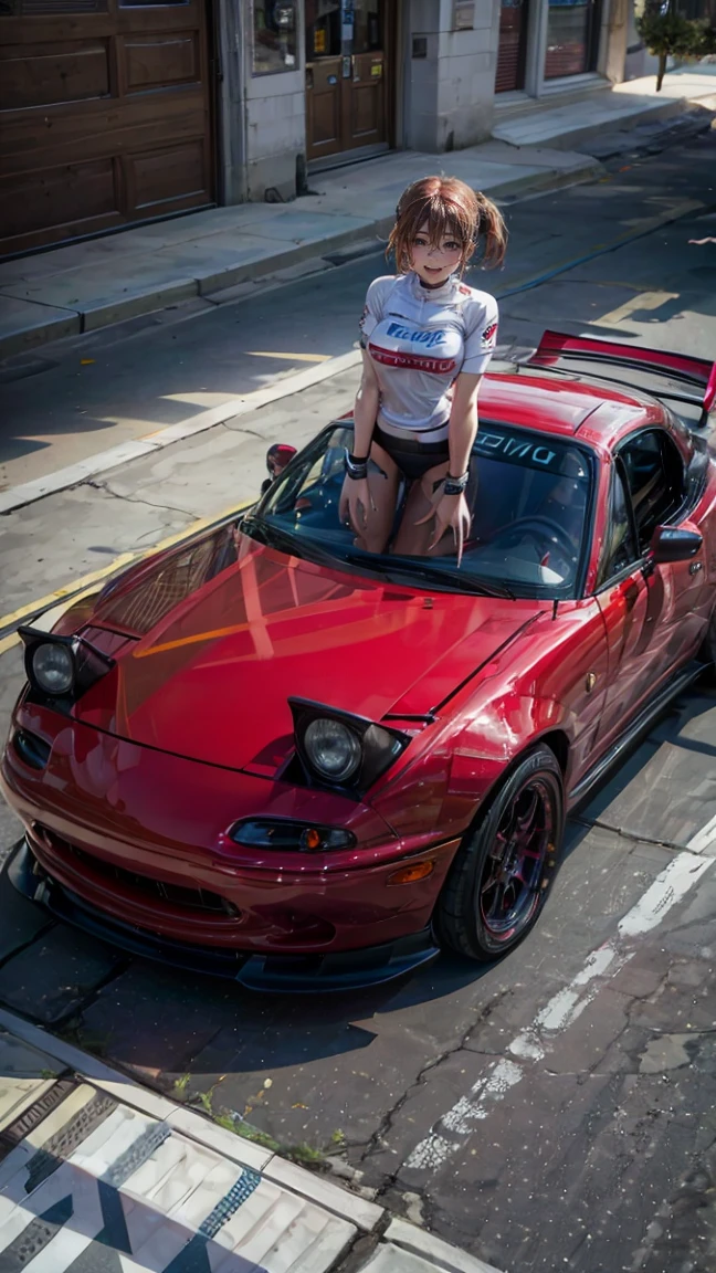 One Woman　Race Queen　Posing for the camera in front of a sports car　High leg　Low - Angle　Cute smile