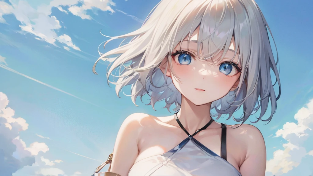 super high quality, with a girl, 20-year-old, very short hair, long bangs between the eyes, pale blue eyes , very detailed,(masterpiece、highest quality)、alone、gray hair、laughter、fantasy, silver hair, black eye, beautiful eyes,, ecstasy, charm,  Fantasy landscape、