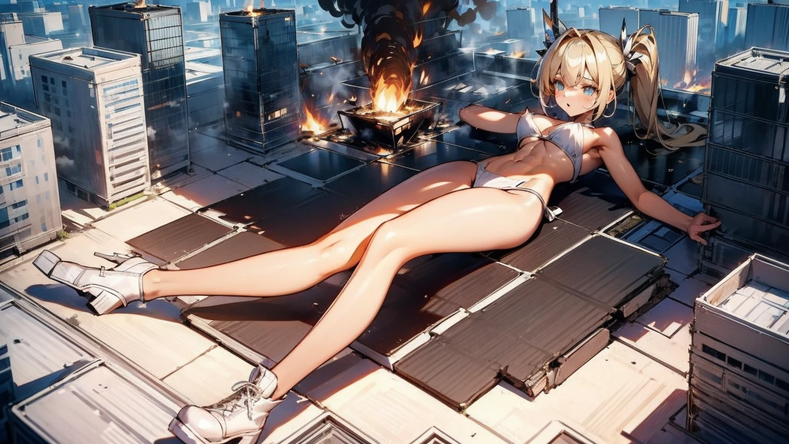 Giantess with firm , long sexy legs, yellow hair and in a bikini is lying on the ground, while the city at her feet burns in flames for the destruction she has caused, while the tiny people climb on her body to try to defeat her uselessly. Giantess, goddess, macrophilia, curvaceous body, hentai, fetish, sexy legs, bikini, high heels, high quality, tiny people, people climbing body, giantess body, small people