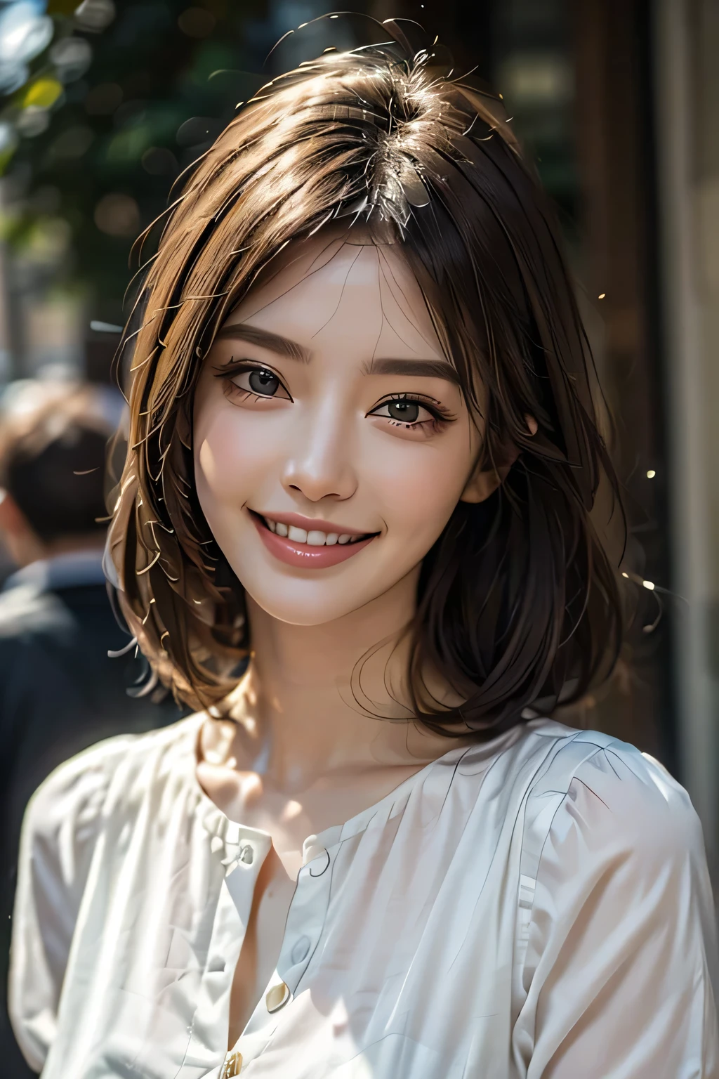((masterpiece)), ((Highest quality)), ((Complex)), ((Surreal)), (Realistic), (Mature Woman), ((There are no classes)), Very detailed, (1 female), Beautiful and exquisite, (Beautiful Teeth), Grin, Brunette Bob Hair, Brown eyes, ((blouse)), (Upper Body), (background:none), Perfect Eyes, Captivating eyes, Looking at the audience