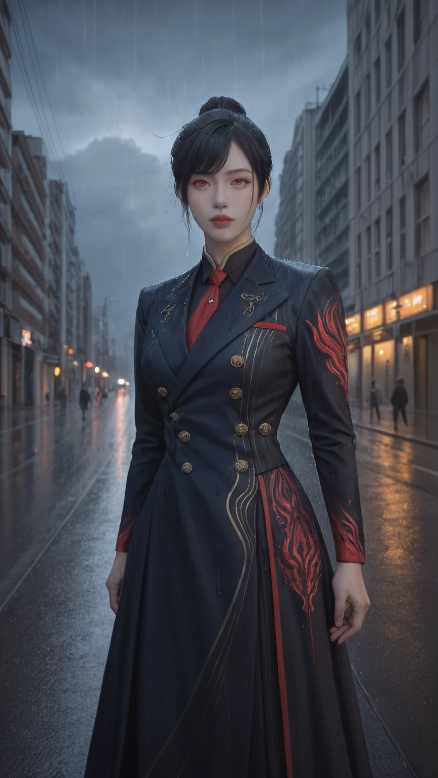 realistic,score_9, score_8_up, score_7_up, 
 1 Japanese girl, WARFRAME, intricate pattern, heavy metal, energy lines, face, glowing eyes, elegant, intense, blood red and black uniform, solo, modern city, streets, dark clouds, thunderstorm, heavy rain, dramatic lighting, beautiful detailed, perfect lighting,