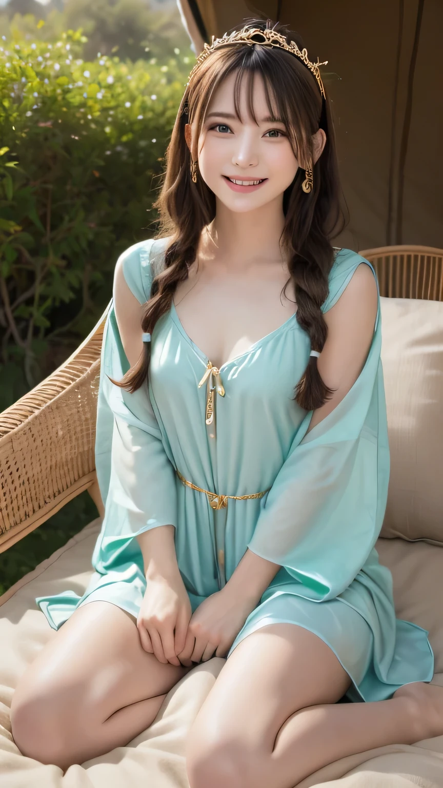 Best picture quality (8K, high resolution, Masterpiece: 1.2), super detailed,  215 Short Hair,Three braids long hair, 16-year-old woman, 

situation: Desert at dusk、Princess relaxing in a luxurious oasis tent。
detailed:
angle: A shot of the oasis and the luxurious interior decor。The princess reclining on a silk cushion。
clothing: A gorgeous emerald green kaftan、Gold Accessories、Veil and tiara on head。

atmosphere: The sunset paints the desert、The greenery of the oasis stands out beautifully.。The soft light of the lantern illuminates the inside of the tent.、リラックスしたatmosphere。
action: Leaning on the cushion、Enjoying mint tea、Gazing at the distant sunset and smiling。A trusted maid is by her side.。

Active Pause ,
Beside her、The thunder danced。
break Focus on upper 腰


, random cute pose ,big eyes ,Puffy eyes ,  Heart Pupil, blush  , huge shy smile , salute



