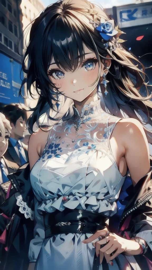 ((masterpiece, best quality)),singer,Note,Rose,earphone,Detailed face,Smile,whole body,Perfect body proportions,modern,Plush,Fun,sexly,extremely beautiful,Note装饰,transparent,