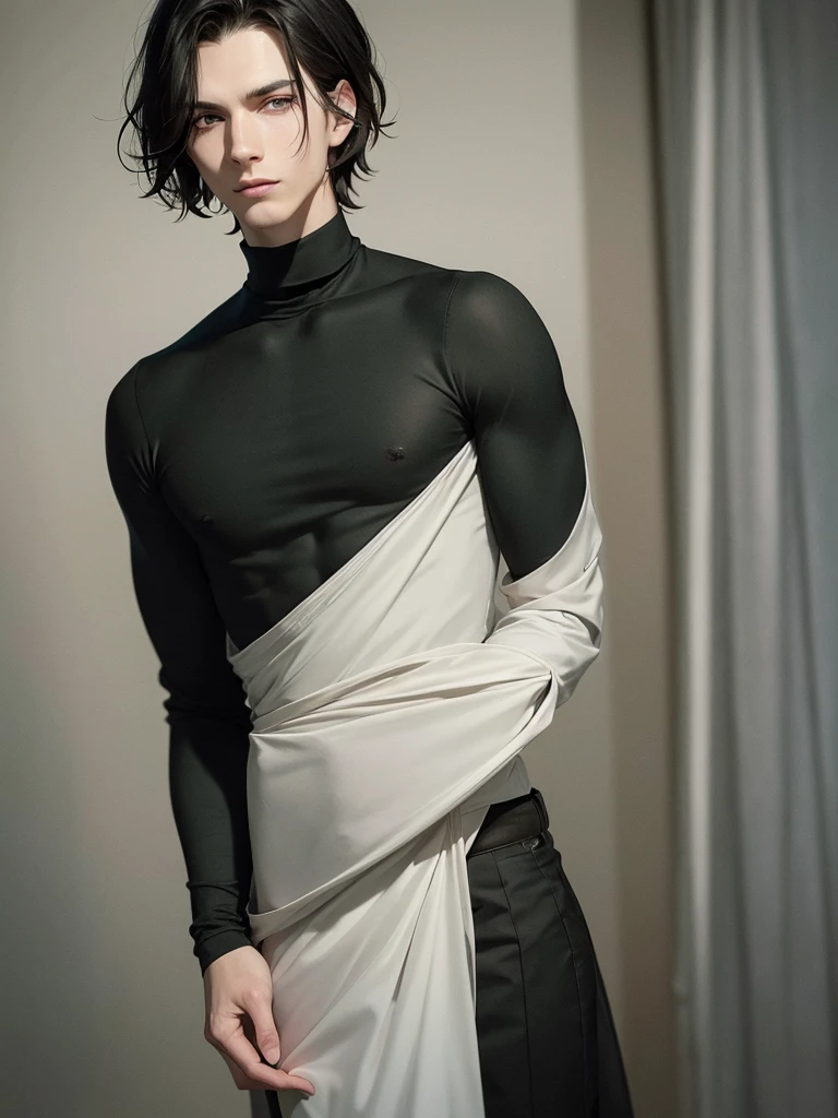 (best quality), 1boy, pale skin, black hair, medium hair, curtain hair, tousled hair, green eyes, perfect eyes, dark circles under eyes, tall, slender, handsome, strong jawline, lazy, light smile, attractive, turtleneck sweater, masterpiece, anatomically correct, highres
