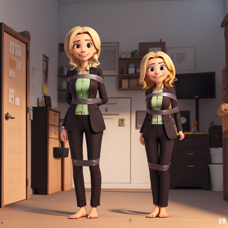 a real estate agent named Vivi, blond hair, dressed in an elegant black suit and a green dress shirt, hd, realistic 3d, 8k, full body caricature, barefoot, tied ankles together,