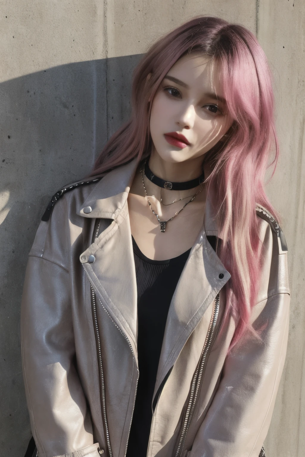 A young woman with long, wavy hair dyed pink and brown, standing against a concrete wall. She has a soft, natural makeup look with pink lipstick and light eyeshadow. She is wearing a black leather jacket, a choker necklace with chains, and layered necklaces with various pendants. Her expression is neutral, with a slight hint of attitude. The overall aesthetic is edgy and stylish, combining elements of punk and modern fashion.