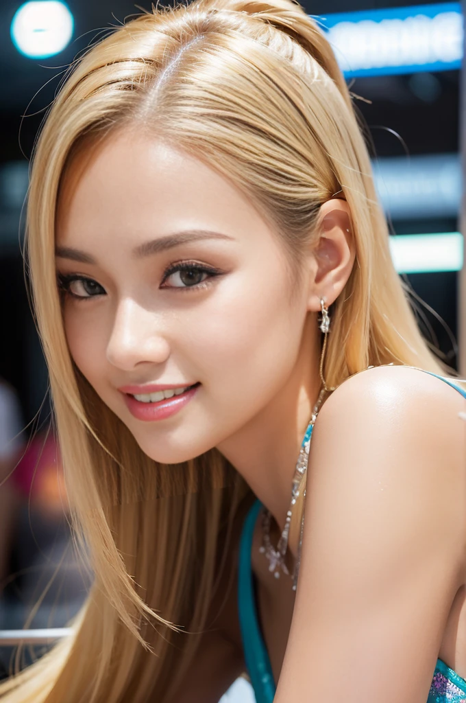 (masterpiece:1.4), (best quality:1.4), ultra high res, ultra high resolution, ((detailed facial features)), HDR, (realistic, photorealistic, photo-realistic:1.37), closeup, sexy seductive Thai woman, (seductive smile), long lashes, beautiful makeup, platinum blonde hair, fair skin, slender figure, elegant posture, wearing large sparkling colorful jewelery, wearing a business style leather dress, standing in a large shopping mall, gentle sunlight shining through the shopping mall windows, casting a soft glow on her face, adding warmth to the scene, vibrant colors, capturing the essence of vibrant city life, portrait style, showcasing her natural beauty and grace in a feminine way