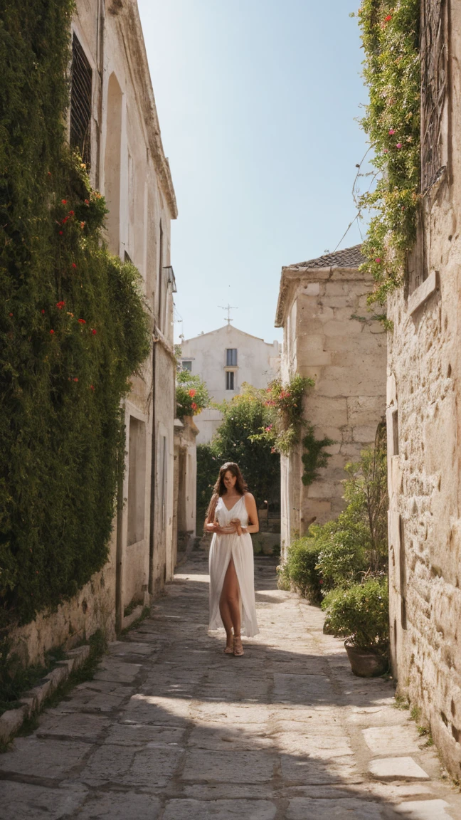posant , vue de face, Vue de face, prise de vue en grand angle, Thème des îles grecques, cheveux queue de cheval, polaroïd, Kodak portrait 400, DOF 85mm, Beau (brun) femme européenne, dans la trentaine, debout dans une ruelle d’une île grecque , (pendant la journée:1.4), corps et cuisses épais, porter une robe d'été courte blanche:1.4)