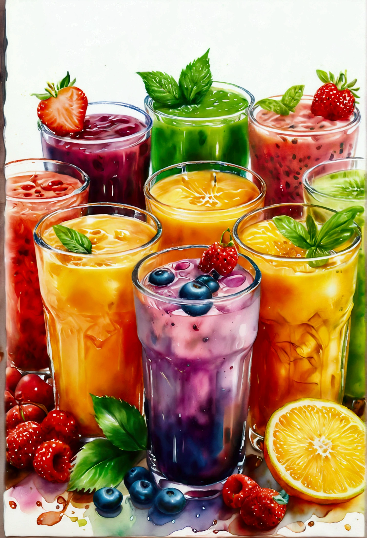 there are many types of colorful healthy drinks served in glasses, the glasses sitting on a surface, juices, smoothie and infused water , illustration, isolated with solid white background, surrounded with negative space, centered composition, highest detailed painting, very precise line, Isolated, clear solid white background, perspective angle of view, ((watercolor:1.5)), (lora:add-detail-xl:1), (masterpiece), (best quality), no bread on the floor, washed out color, (ghibli)