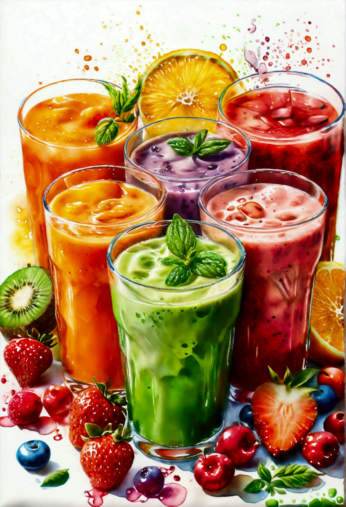 there are many types of colorful healthy drinks served in glasses, the glasses sitting on a surface, juices, smoothie and infused water , illustration, isolated with solid white background, surrounded with negative space, centered composition, highest detailed painting, very precise line, Isolated, clear solid white background, perspective angle of view, ((watercolor:1.5)), (lora:add-detail-xl:1), (masterpiece), (best quality), no bread on the floor, washed out color, (ghibli)