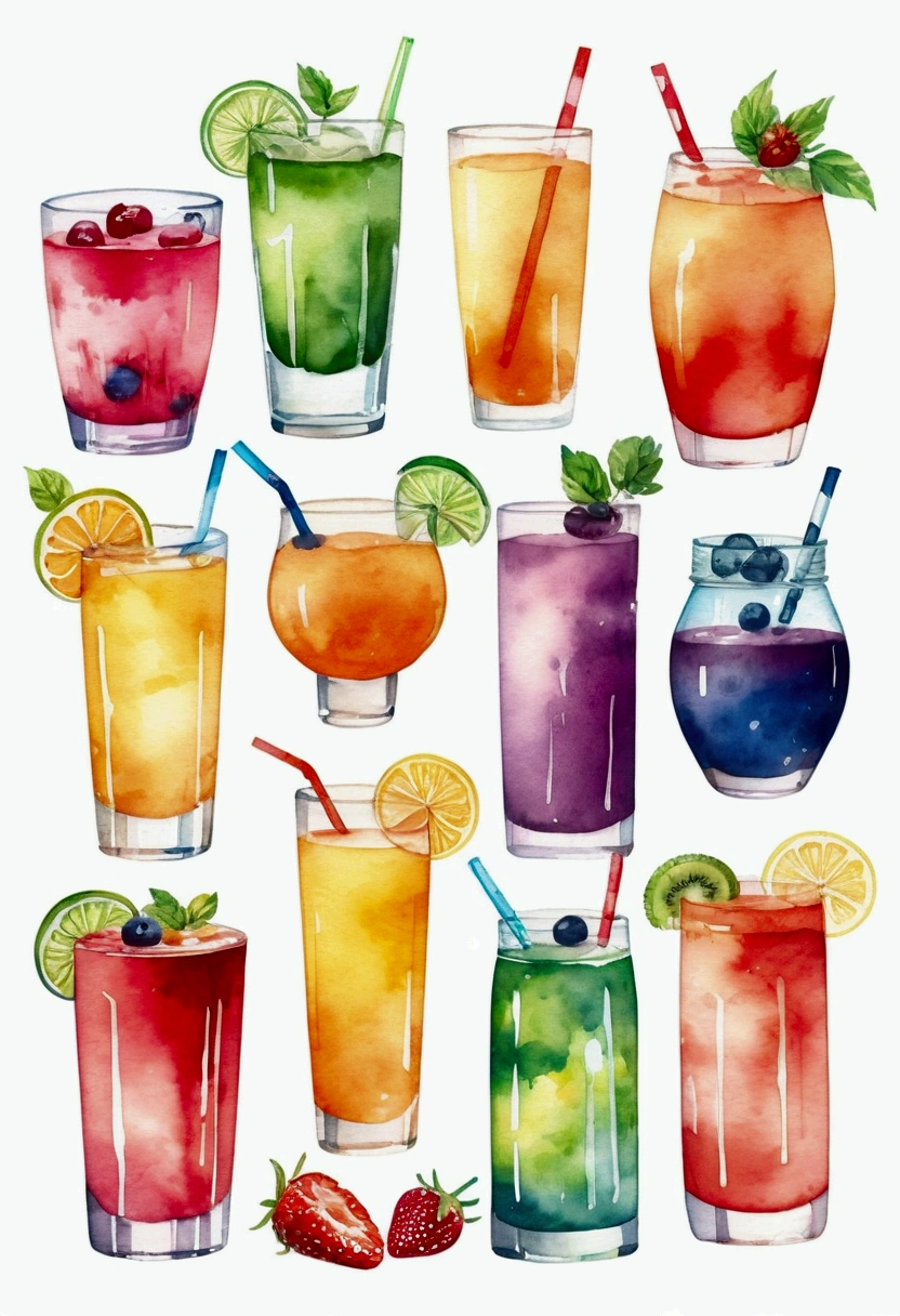 there are many types of colorful healthy drinks served in glasses, the glasses sitting on a surface, juices, smoothie and infused water , illustration, isolated with solid white background, surrounded with negative space, centered composition, highest detailed painting, very precise line, Isolated, clear solid white background, perspective angle of view, ((watercolor:1.5)), (lora:add-detail-xl:1), (masterpiece), (best quality), no bread on the floor, washed out color, (ghibli)
