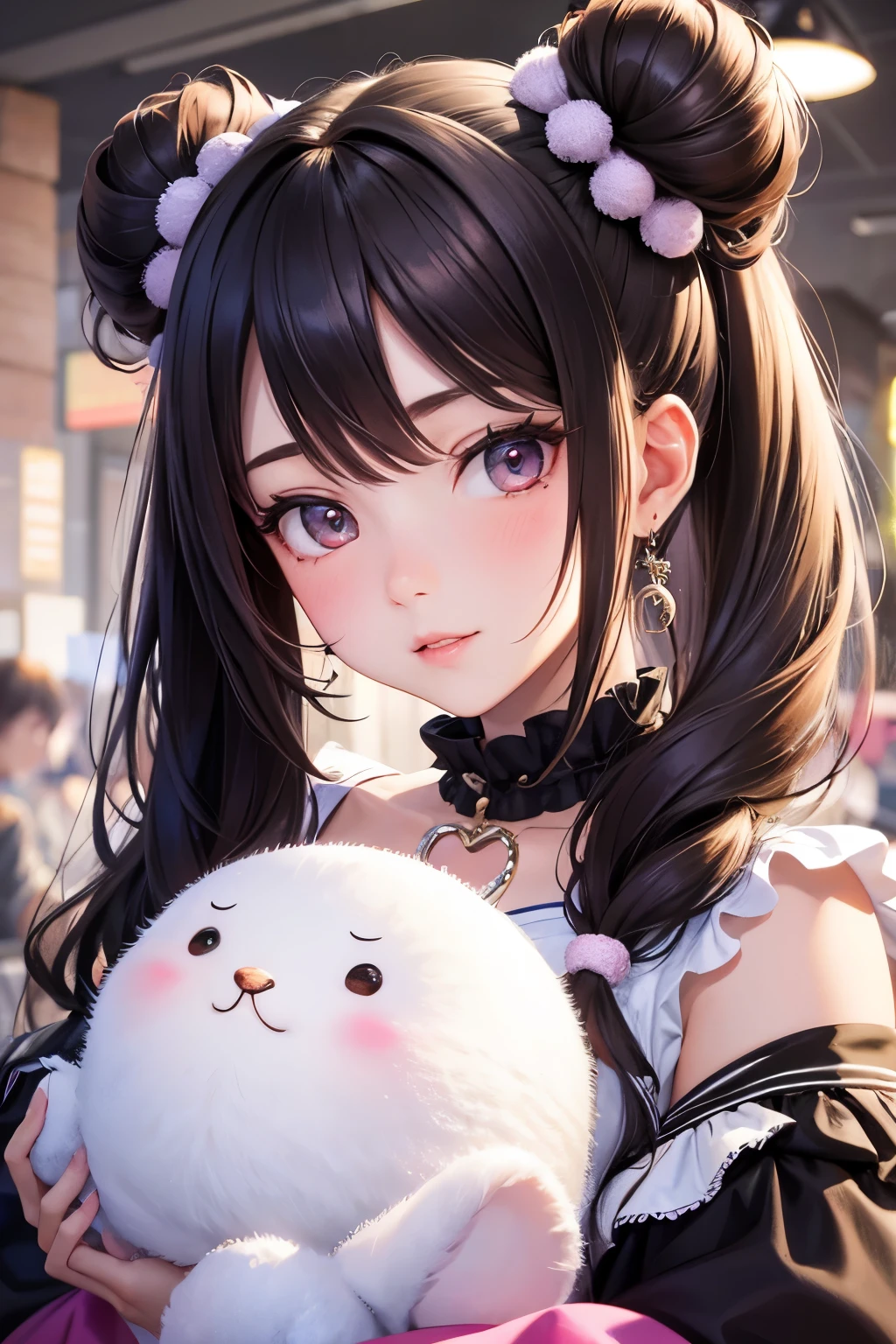 masterpiece, best quality, very detailed, high resolution, expensive resolution, high resolution, 4k, 8k, unity 8k wallpaper, highly detailed CG, masterpiece, 2d, 3d, beautiful details, depth, fine texture, best quality: 1.3, perfect focus, crispy skin, he,
very cute anime girl, Cheerleader, Holding a pom-pom in hand, expensive brown hair in twin tails bun, mole under eye holding a pom-pom, looking at the viewer, expensive, blushing, mole, lips open, pink eyes, heart shaped choker