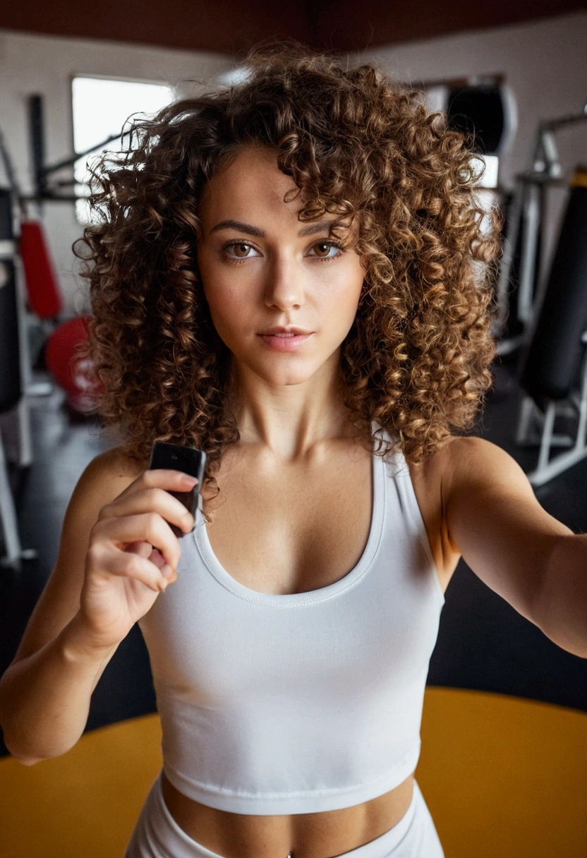 Sexy girl brunette curly hair taking selfie in gym where there are drums . capoeira