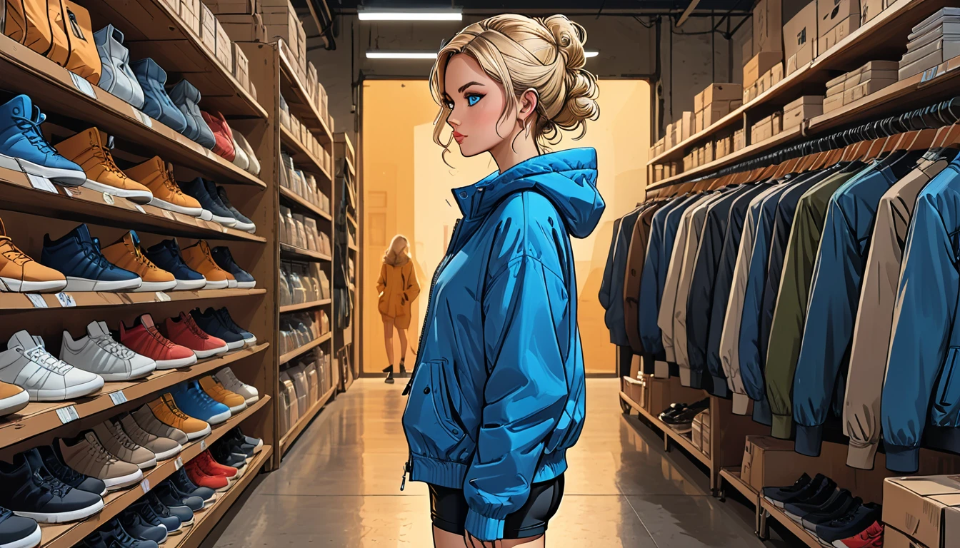 cloth store, ((side view):2), profile girl in Blue oversized hoodie and black Elastic shorts walking through a cloth store, 
((warm clothes, outerwear)), adult, [Nordic], Hourglass elongated fitness body, perfect Olive skin, Oval Face, Long neck, Rounded shoulders, perfect hand,  Attached Pointed ears, round forehead, (Short blonde Waves pixie hair), snub nose, Arched eyebrows, ((Monolid blue Eyes)), High Round Narrow cheekbones, Dimpled Cheeks, Rounded Chin, Rounded Jawline,  Full nude Lips, (blue eyes), Nude Makeup Look, long eyelashes,   third breast size, 

outerwear, warm pants, sweaters, down jackets, down jackets,   
graphic style of novel comics , perfect hands, 2d,
8k, hyperrealism, masterpiece, high resolution, best quality, ultra-detailed, super realistic, Hyperrealistic art, high-quality, ultra high res, highest detailed, lot of details, Extremely high-resolution details, incredibly lifelike, colourful, soft cinematic light,