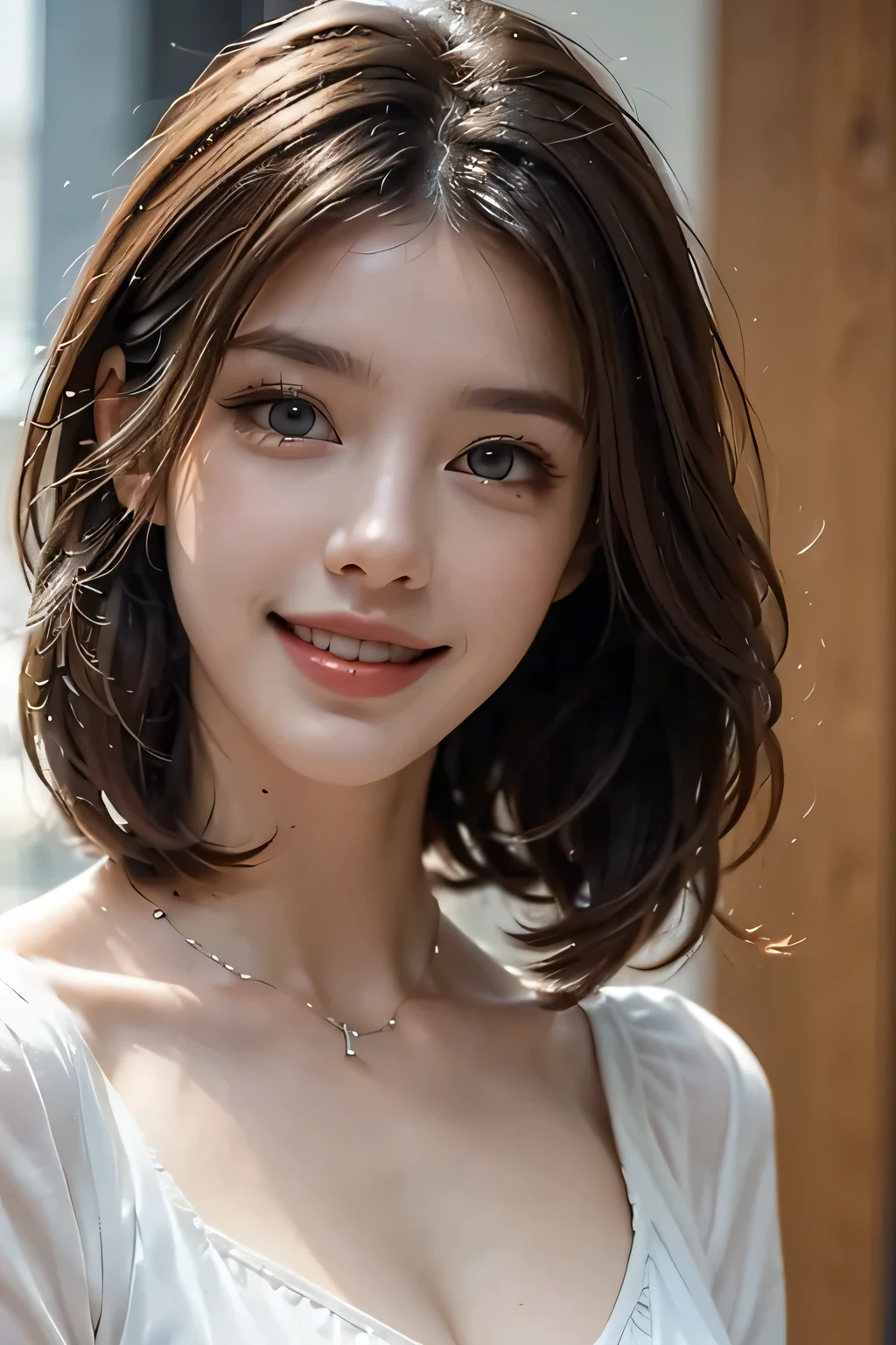 ((masterpiece)), ((Highest quality)), ((Complex)), ((Surreal)), (Realistic), (Mature Woman), ((There are no classes)), Very detailed, (1 female), Beautiful and exquisite, (Beautiful Teeth), Grin, Brunette Bob Hair, Brown eyes, ((blouse)), (Upper Body), (background:none), Perfect Eyes, Captivating eyes, Looking at the audience