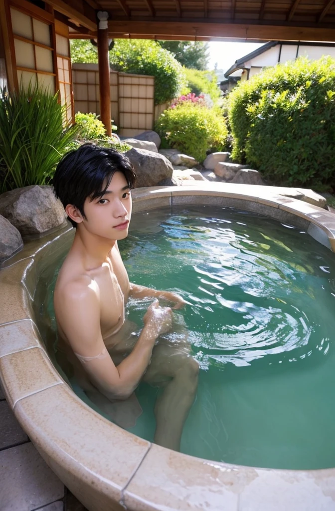 One boy、Beautiful Boy、18-year-old、Japan Boys、Black Hair、hot spring、soak,rock、sit、Half-body bath
