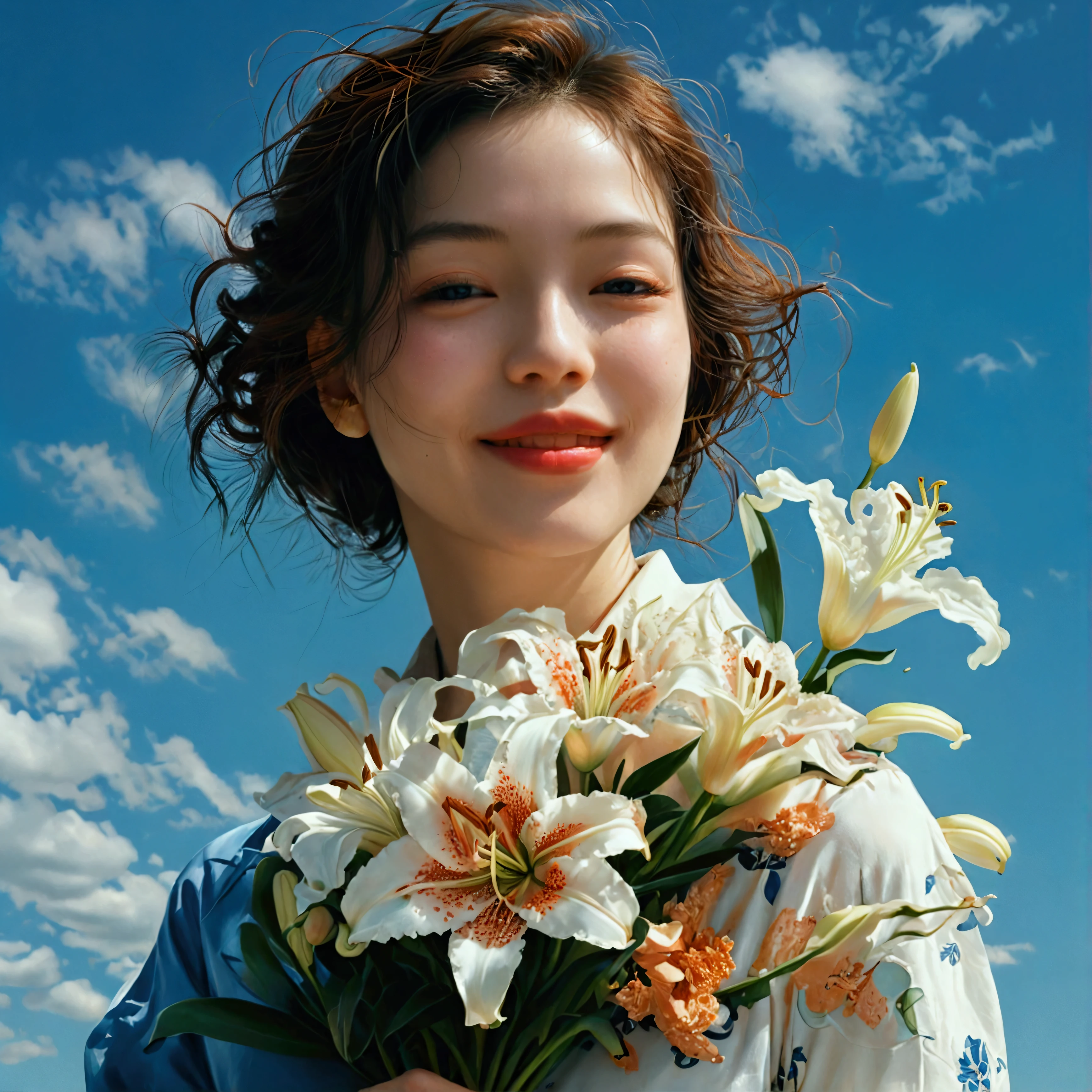 A woman holding a bouquet of lilies、Beautiful Face、smile、, Edward Hopper,The Dark Art of James Jean, takato yamamoto, Inkpunk、 Minimalism, Beautiful woman posing, in spring, Art Book, plump,Amazingly beautiful portrait,   Fashion Edit, Studio shot, magazine photograph,、Blue sky background