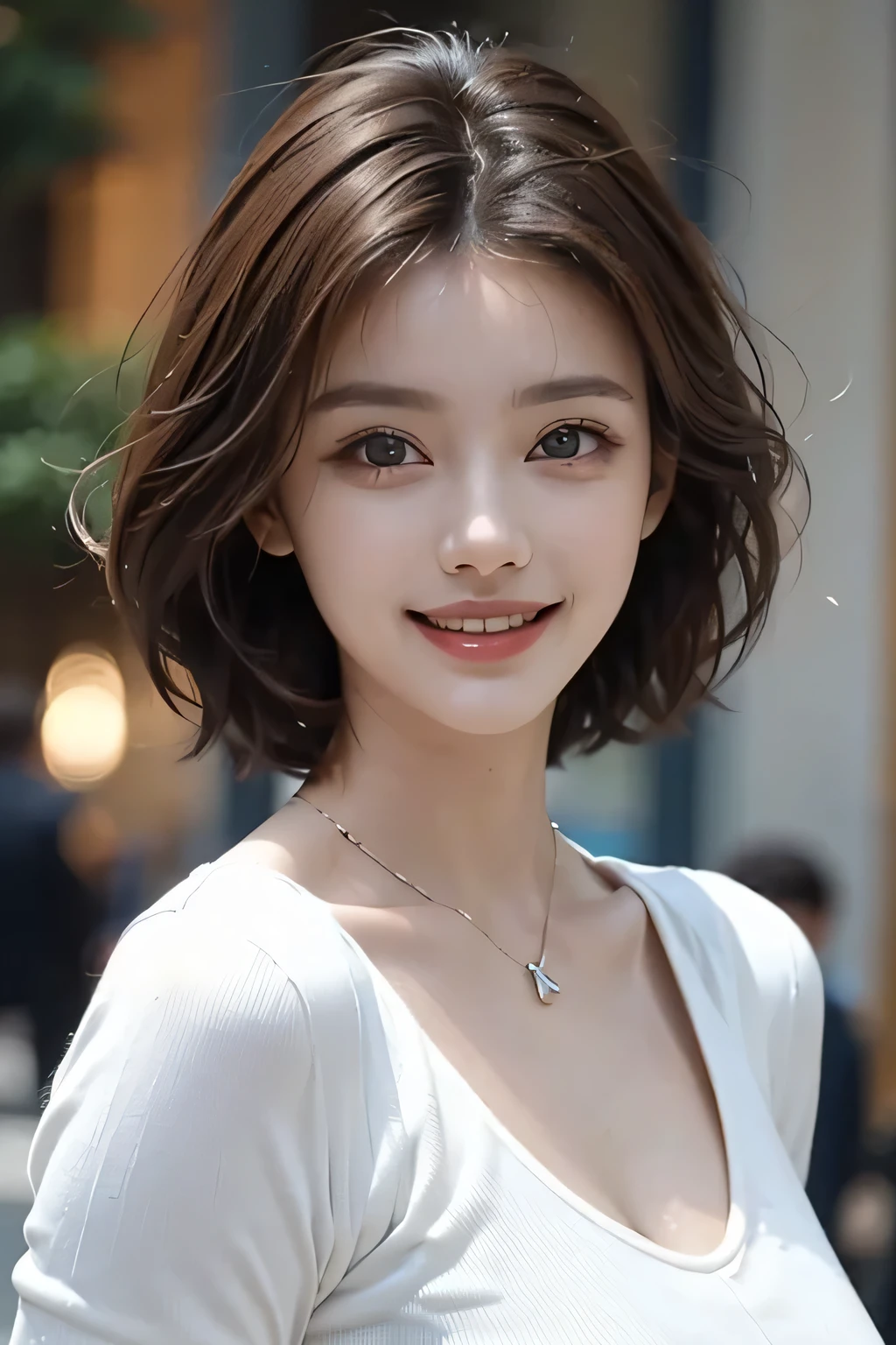 ((masterpiece)), ((Highest quality)), ((Complex)), ((Surreal)), (Realistic), (Mature Woman), ((There are no classes)), Very detailed, (1 female), Beautiful and exquisite, (Beautiful Teeth), Grin, Brunette Bob Hair, Brown eyes, ((blouse)), (Upper Body), (background:none), Perfect Eyes, Captivating eyes, Looking at the audience