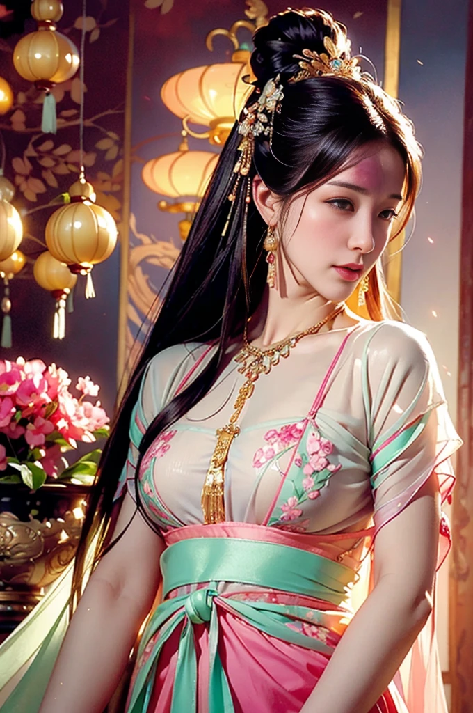picture、Masterpiece、Highest quality、nffsw、high resolution、realistic details、40,000、Too realistic、photography stick、nffsw、high resolution、Cowboy Shot、precise anatomy、one woman、((25 years old))、(Pregnant women)、(Big belly)、(Big bellyไม่มีรอยแตก)、(with a round face)、(Beautiful face)、detailed face、unevenness of the skin、Big breasts、brown eyes、(long haired person、have dark hair、My hair is very straight.:1.4、Cut Hime:1.4)、navel、Maximum relationship of 4 fingers and 1 thumb., necklace earrings、Please smile、 Glowing skin、Adult figure、plump body、Voluptuous breasts、perfect body、wide waist、bright colors、look at the audience、Face the front there.、 Gilded Chinese Palace,look at the audience,depth of field,Bokeh,Falling light,(See-through pink dress)、cherry blossoms blooming、Lots of cherry blossoms、 (See-through underwear)、See-through red shirt、See-through black skirt、watercolor painting、traditional media、(Chromatic aberration、complicated details)、Dynamic Post、Dynamic Angle、angle from below、ancient chinese dress、Ancient Chinese style hairstyle、Hairstyle Up、Wearing white silk all over.、