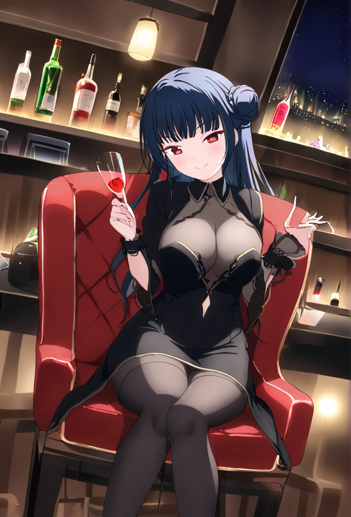 Yoshiko Tsushima Blue Hair Red Eye Semi-long hair One-sided bun hairstyle Black Dress Black Stockings smile Larger breasts night Cocktail Bar Seduce Sit on a chair night景 Room lighting Holding a cocktail glass