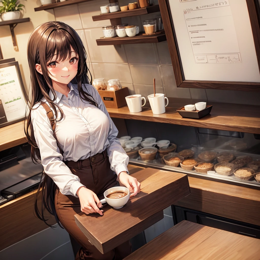 only 1 woman, straight angle /(coffee shop staff uniform/) /(Brown pants/), /(dark hair/) bangs, blush, kind smile, (masterpiece, best quality: 1.2) delicate illustration, ultra-detailed