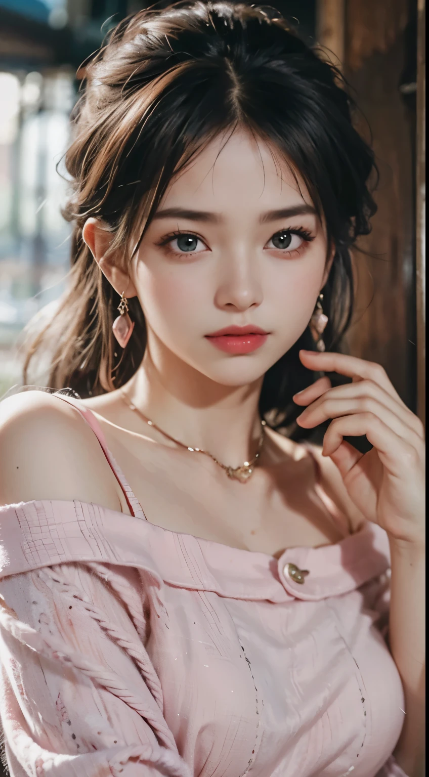 best quality, masterpiece, ultra high resolution, (Reality: 1.4), original photo, 1 woman, Pink off-the-shoulder, cinematic lighting
