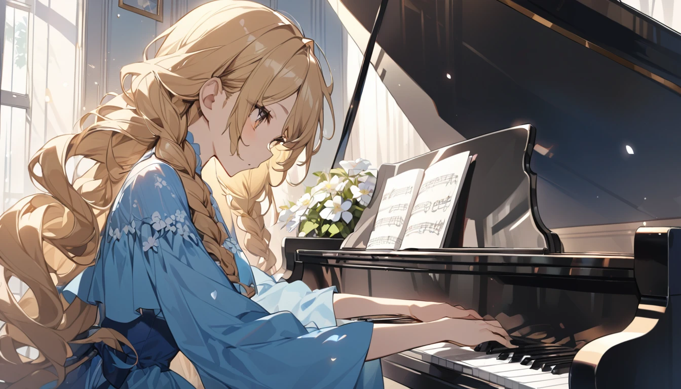 (Highest quality)A blonde girl with long curly hair and brown eyes、Wearing a beautiful blue dress and playing the piano in the morning。. She has flowers and braids in her hair