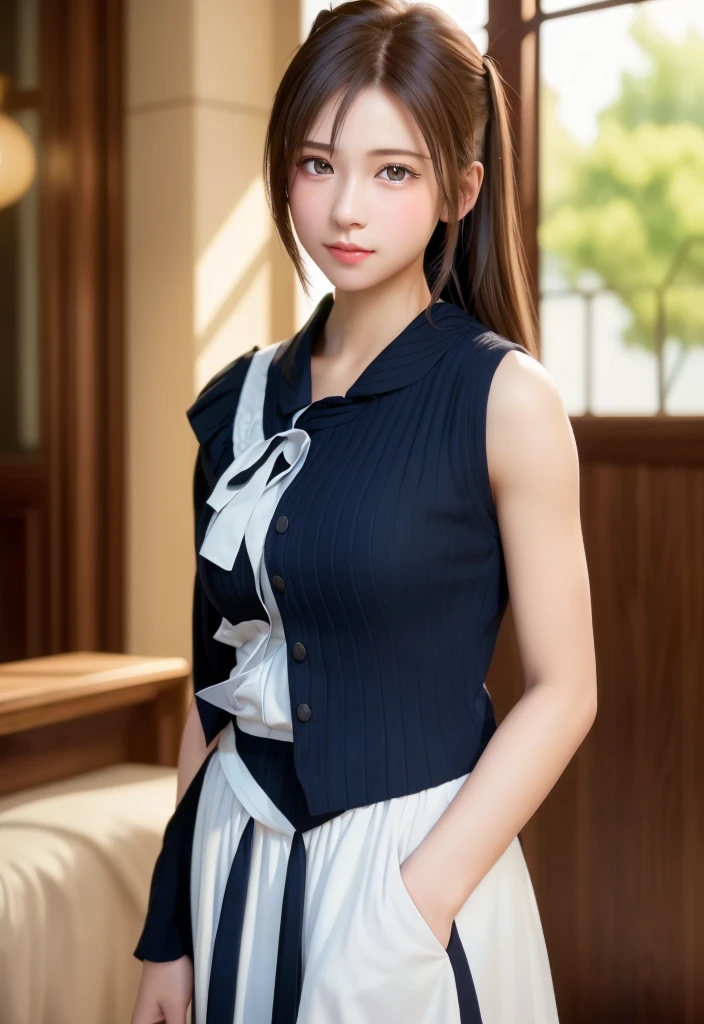 8K, of the highest quality, masutepiece:1.2), (Realistic, Photorealsitic:1.37), of the highest quality, masutepiece, Beautiful young woman, Pensive expression,、A charming、and an inviting look, Cute Maid Clothes, Hair tied back, Cinematic background, Light skin tone