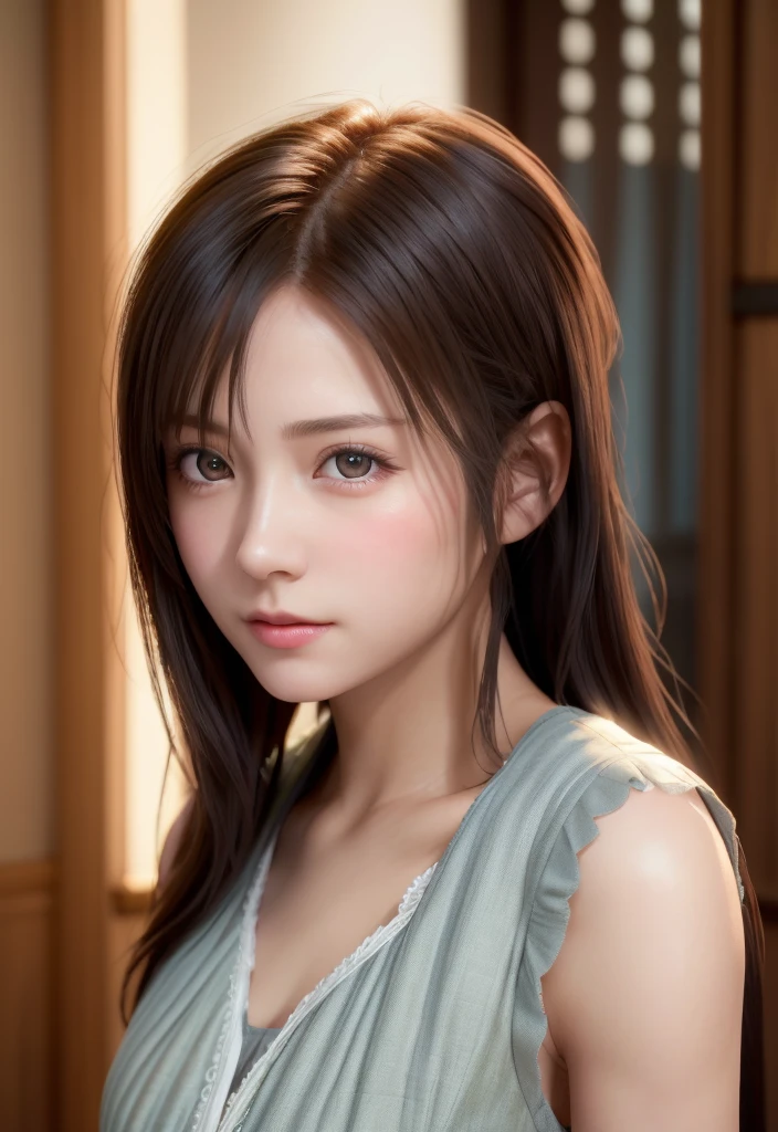 8K, of the highest quality, masutepiece:1.2), (Realistic, Photorealsitic:1.37), of the highest quality, masutepiece, Beautiful young woman, Pensive expression,、A charming、and an inviting look, Cute Maid Clothes, Hair tied back, Cinematic background, Light skin tone