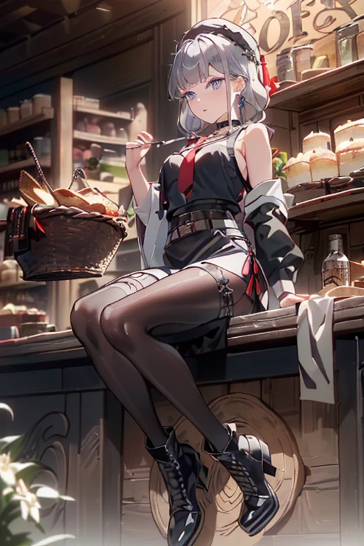 (perky chest:1.2), (pointed chest:1.2),(Pudding cake magazine cover:1.3),(from below:1.2),(shoot from the side:1.1),(((Black Tunic:1.3))),(((cakes and bread in the basket),a 23yo Cute and beautiful girl,masterpiece、highest quality、Very detailed、Beautiful fine details、Detailed landscape、Braided Ponytail、Red camisole、((B cup breasts, Tank top showing underboob:1.0)), thigh strap, bangs, necktie, earrings, nail polish, fishnet pantyhose, silver hair, looking at viewer, full body, bottle, own hands together, belt, food, ring, choker, english text paper:1.2, collared shirt, blue eyes, hat,lace-up boots ,